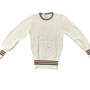 Vintage 1940s-1950s White/Cream Textured Long Sleeve Knit Sweater w/Stripe Trim
